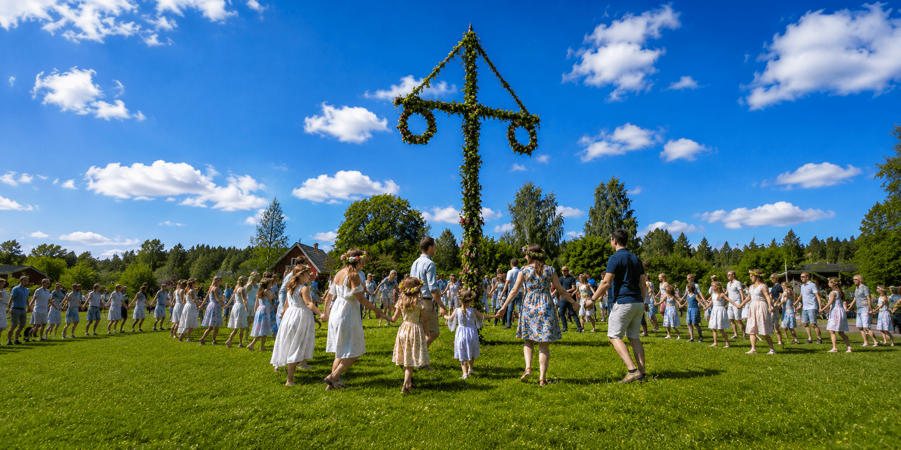 Ett foto på ett typiskt svenskt midsommarfirande, en mängd människor som dansar runt en midsommarstång.