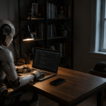 Ett foto som föreställer en robot som sitter vid ett skrivbord och jobbar med en dator, En bit ifrån så ligger en katt på en stol nedanför ett fönster.